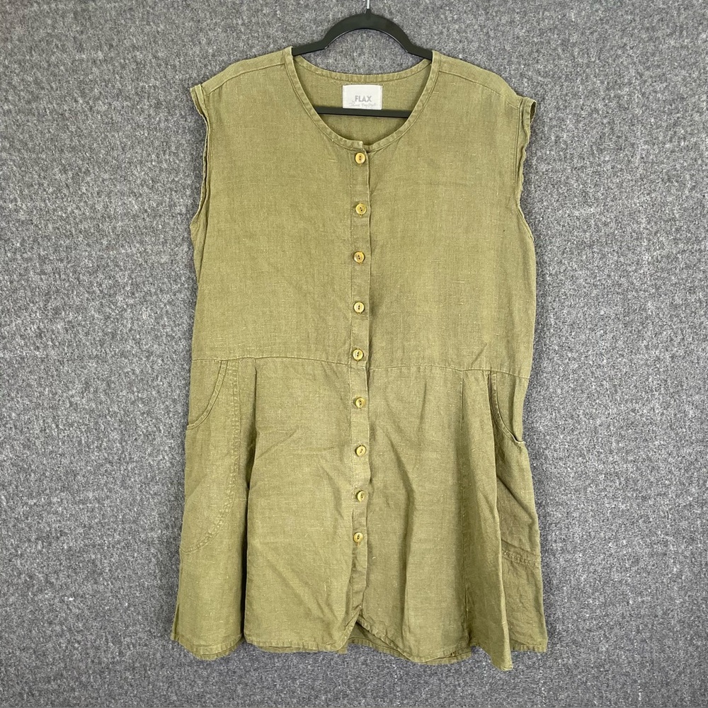 Flax Women's Medium Pockets Button Down Earthy Cottage Prairie Green Boxy Dress